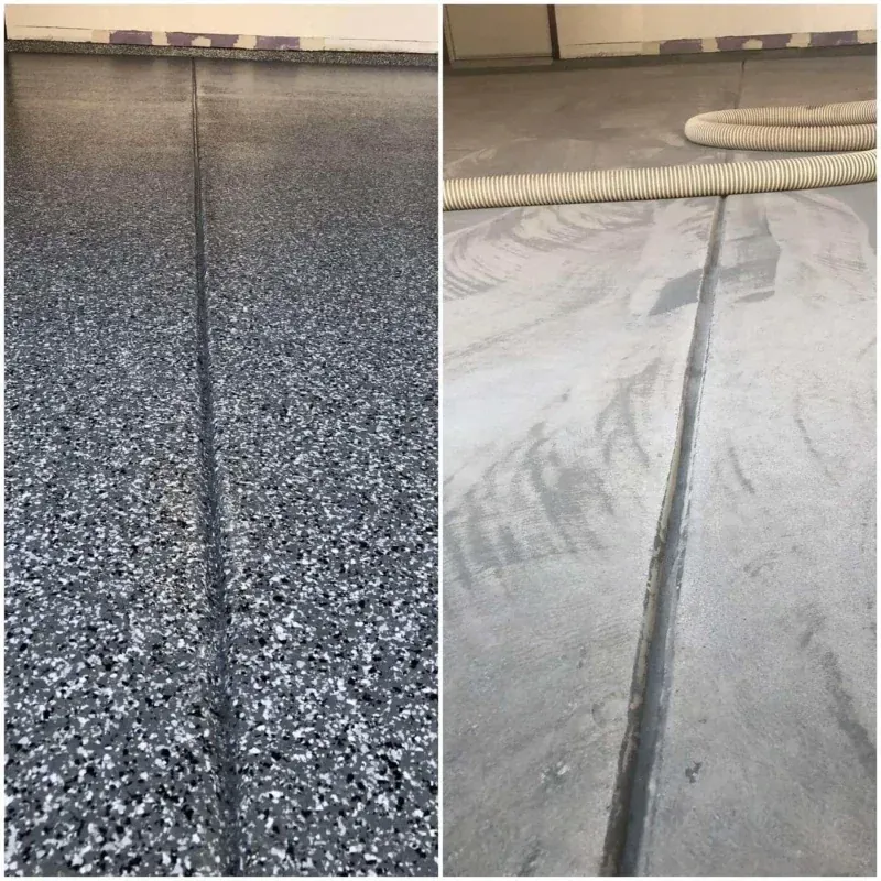 Two side-by-side roof surface close-ups: black speckled coating and white membrane with a seam line.