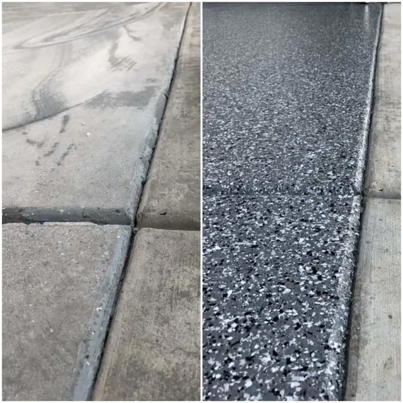 Sidewalk section comparison: worn light-gray concrete beside a darker, speckled resurfaced strip.