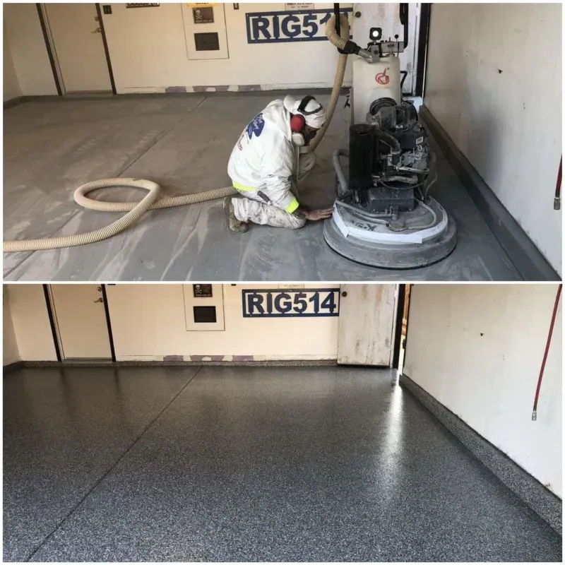 Worker polishing a garage floor, shown before and after with a glossy gray finish.
