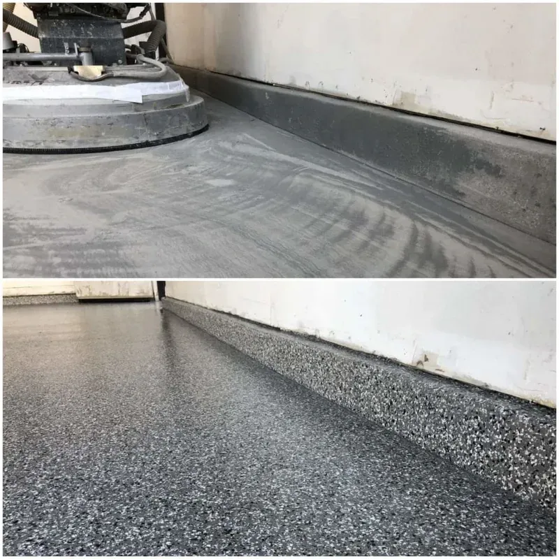 Before-and-after view of a gray floor being coated, from smooth concrete to textured speckled finish.