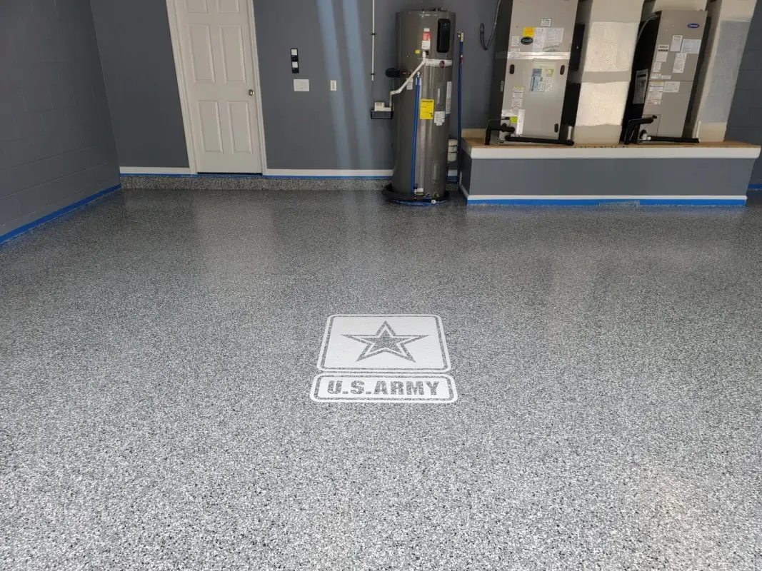 Airport terminal floor with a U.S. Army sign and a yellow hazard cone in the background
