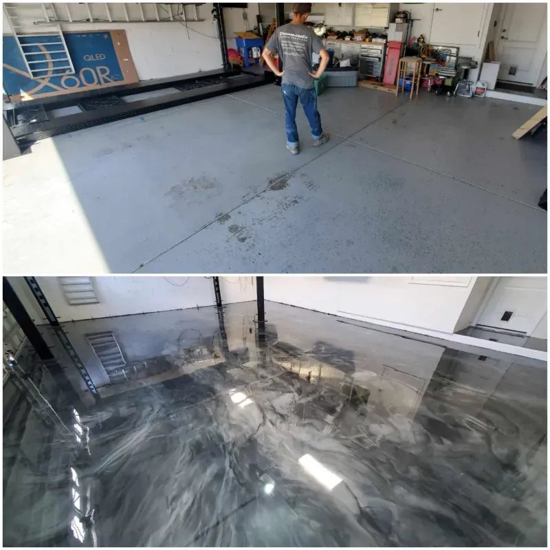 Garage floor before and after polishing, transforming from dull gray to glossy black marble-like finish