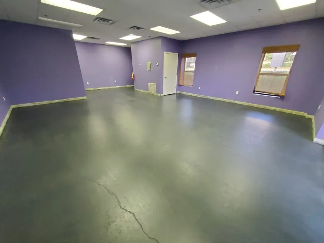 Empty purple room with green floor and windows