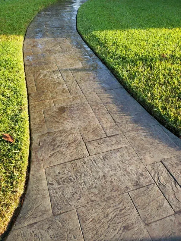 Curved stone walkway bordered by bright green grass in sunlight