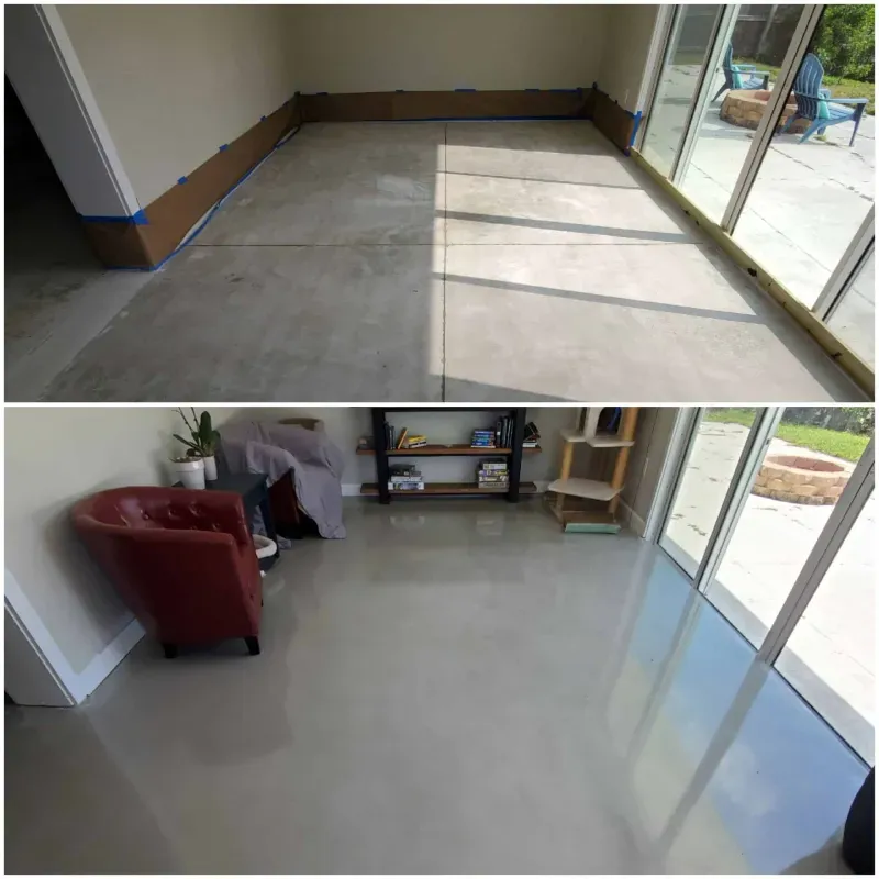Empty room with polished concrete floor and large sliding glass doors, before and after cleaning/finishing.