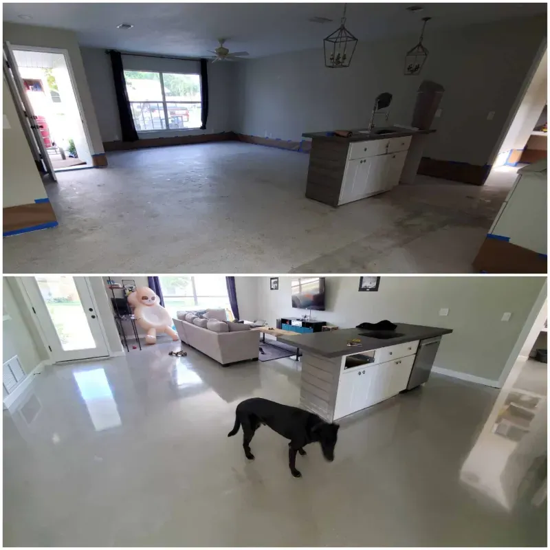 Before-and-after living room: bare floor versus finished room with kitchen island and a black dog.