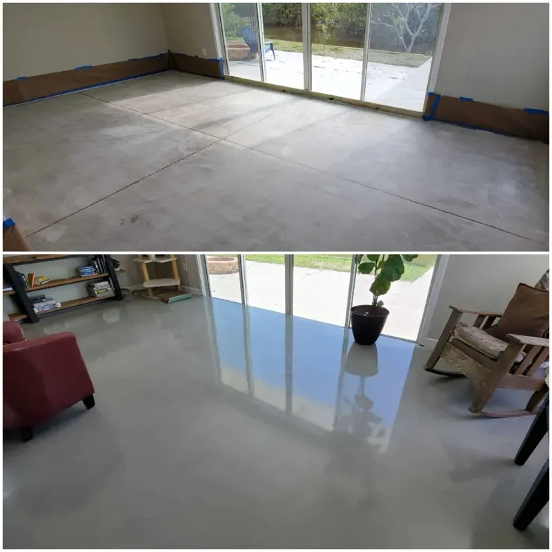 Two views of an empty room floor: rough concrete above, glossy white finish below.