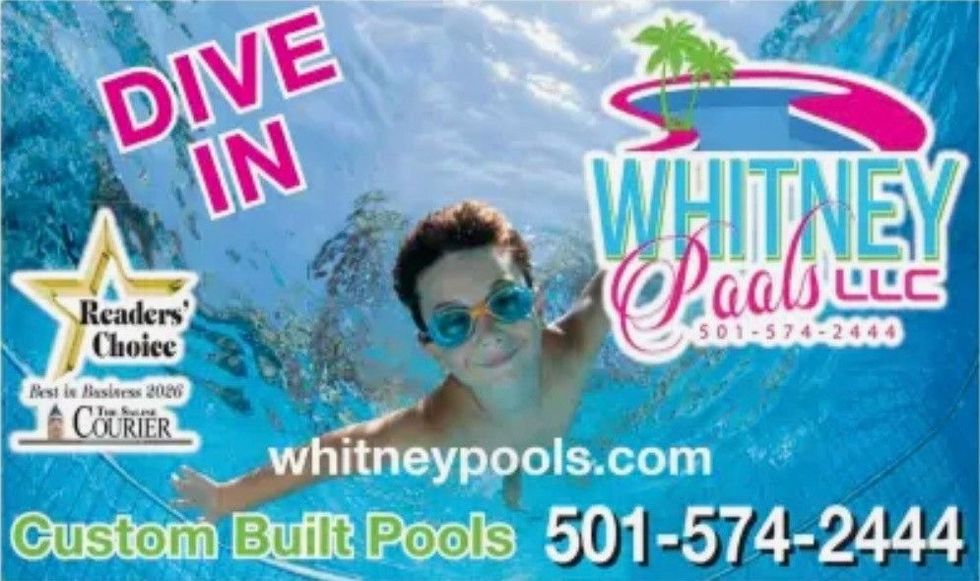 Whitney Pools ad with a swimmer underwater, Dive In, and Reader’s Choice award
