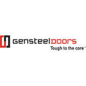Gensteel Doors logo with gray and red text and tagline Tough to the core.