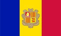 Flag of Andorra: vertical tricolor of blue, yellow (with coat of arms), and red.