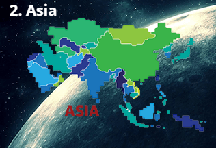 Map of Asia, color-coded to show different countries against a backdrop of space. The word 
