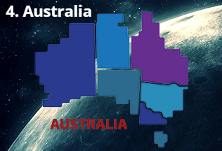 Map of Australia, divided into colorful sections, against a space-themed background, with the word 