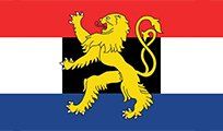 Flag of the Netherlands with a golden lion on a black rectangle in the center. Red, white, and blue horizontal stripes.