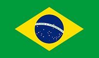 Flag of Brazil: Green background with a yellow diamond in the center. A blue circle with white stars and a curved banner across it that says 