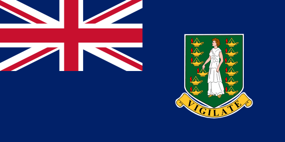 Flag of the British Virgin Islands: dark blue field with the Union Jack in the upper hoist corner and the islands' coat of arms on the right.