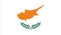 Flag of Cyprus: White background with a copper-colored island outline and olive branches beneath.