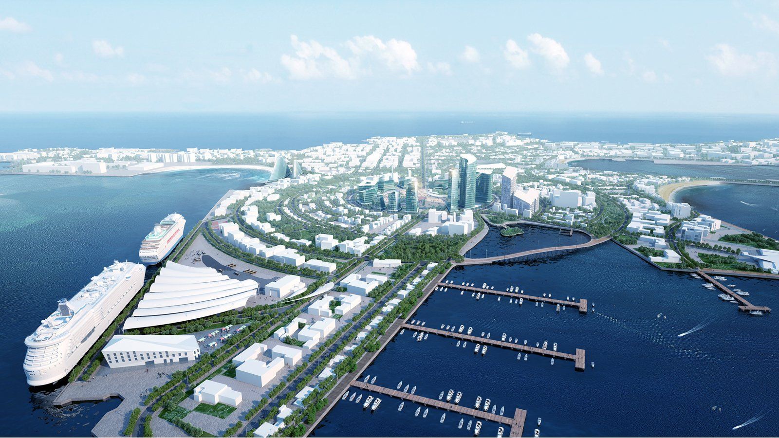 Aerial view of a coastal city with a large cruise ship docked. White buildings and green trees are visible along the waterfront.
