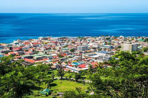Aerial view of a coastal town with colorful buildings, green trees in the foreground, and the blue sea in the background.