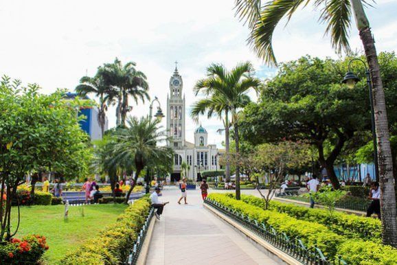 A park with lush greenery and a walkway leads to a white church with a clock tower. People are strolling around.