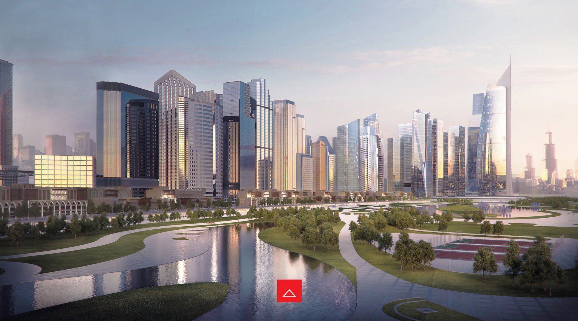 City skyline with modern skyscrapers reflecting in a river, green park in the foreground.