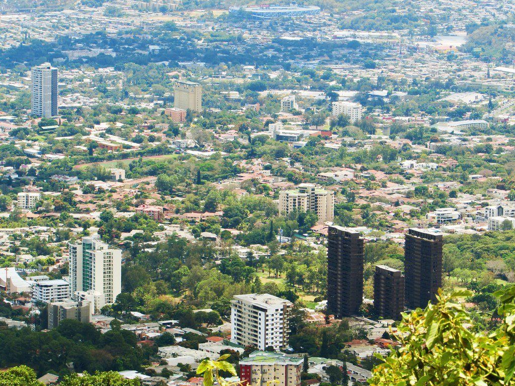 A high-angle view of a sprawling city with tall buildings and numerous trees under a bright sky.