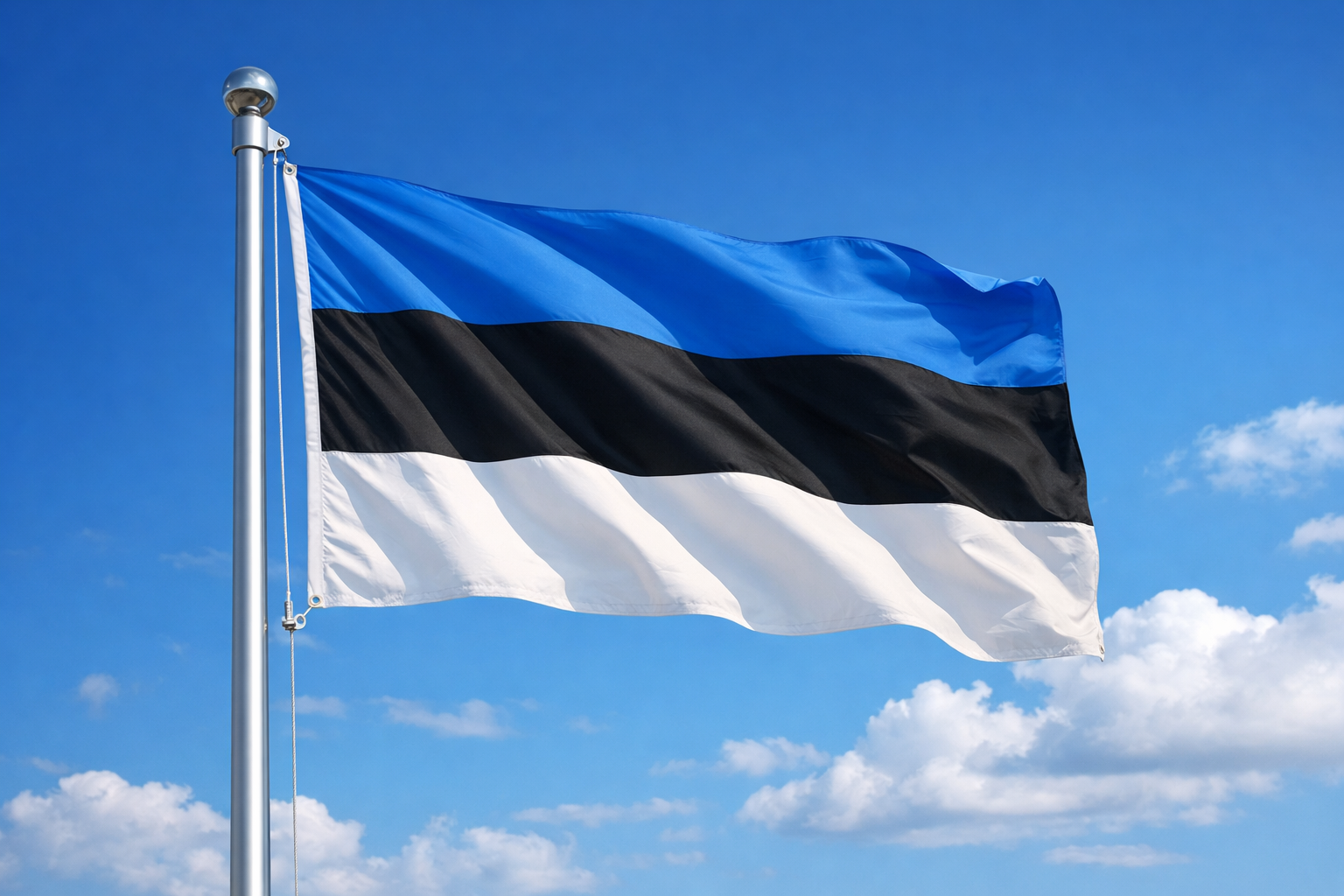 Estonian flag waving on a pole against a blue sky