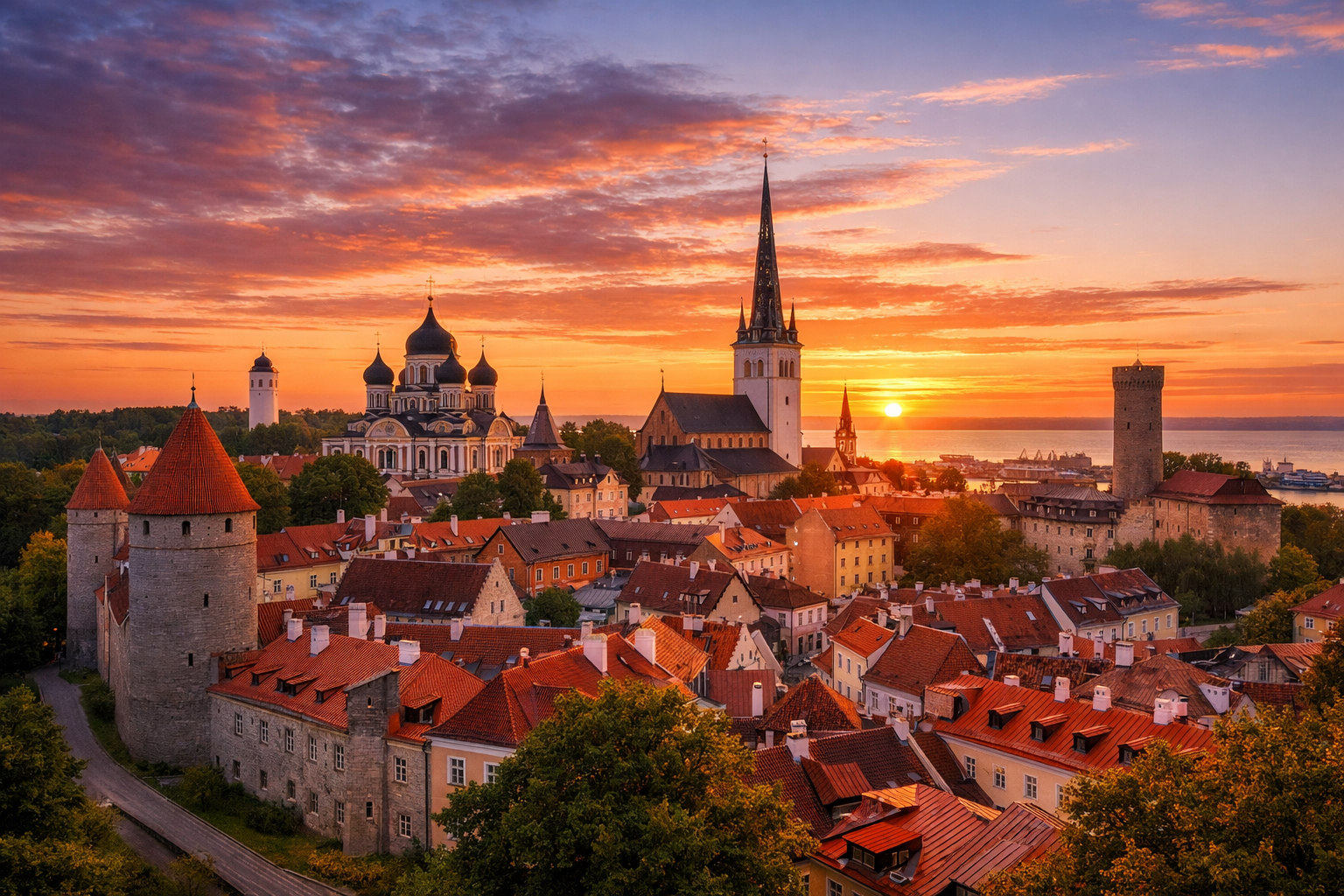 Aerial view of Tallinn, Estonia at night, featuring illuminated skyscrapers and city lights against a dark blue sky.
