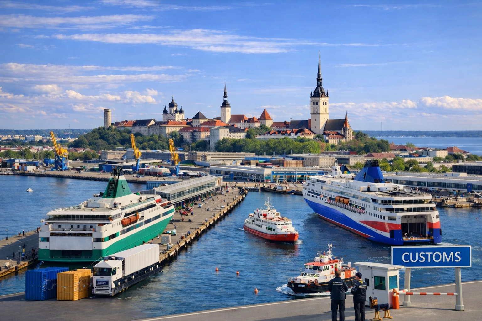 Aerial view of Tallinn, Estonia, with medieval towers, red rooftops, and the tall spire of St. Mary's Cathedral under a twilight sky.