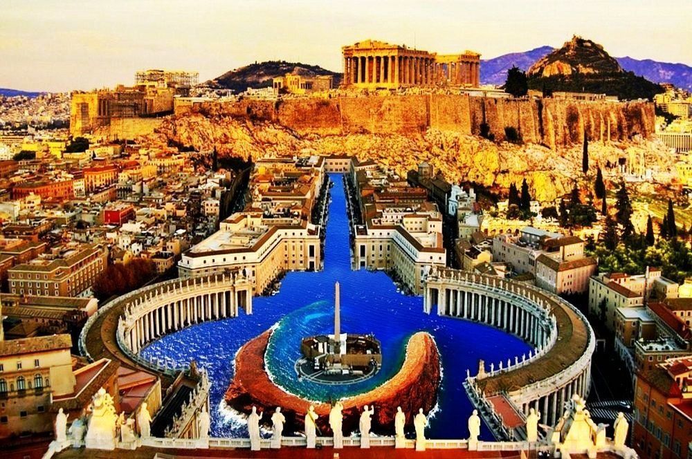 A composite featuring the Acropolis of Athens in the background, and an image of Vatican City superimposed in the foreground.
