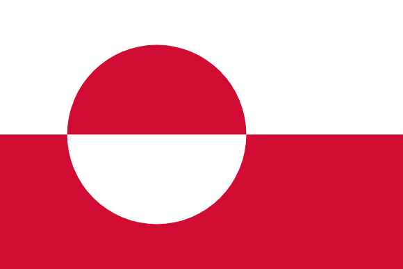 Flag of Greenland: A red and white horizontally divided flag with a large circle on the hoist, divided into a red upper half and a white lower half.