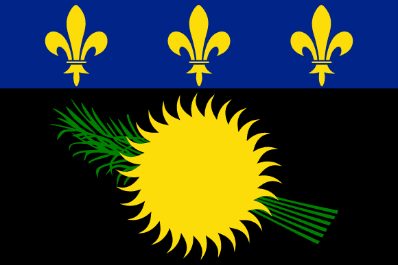 Flag of Guadeloupe: Blue stripe with three gold fleur-de-lis above a black field with a yellow sun and green palm frond.