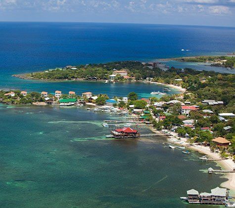A coastal view of a town with houses and businesses, surrounded by blue ocean and lush green vegetation.