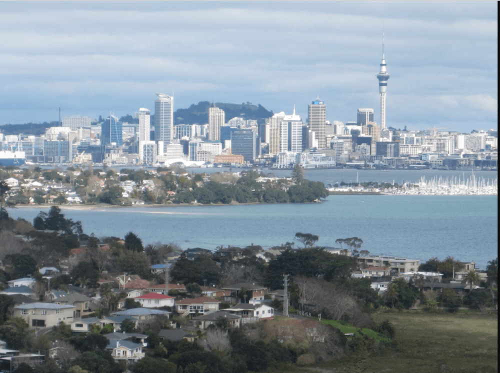 Auckland, New Zealand skyline with the Sky Tower, harbor, and residential homes in the foreground under a cloudy sky.