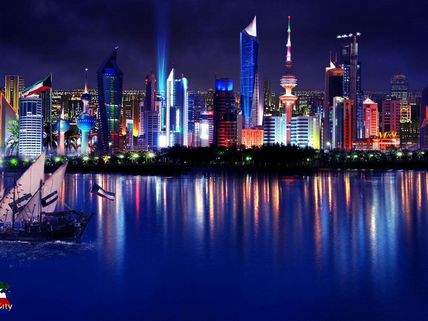 Kuwait City skyline at night, with illuminated skyscrapers reflecting in the water; traditional dhow boat in the foreground.