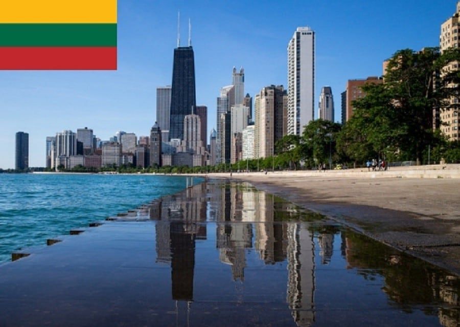 Chicago skyline reflected in water with the Lithuanian flag in the corner, indicating a potential Lithuanian community in the area.