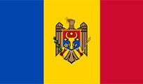 Flag of Moldova: Vertical tricolor of blue, yellow, and red with a central coat of arms depicting an eagle holding a cross and scepter.
