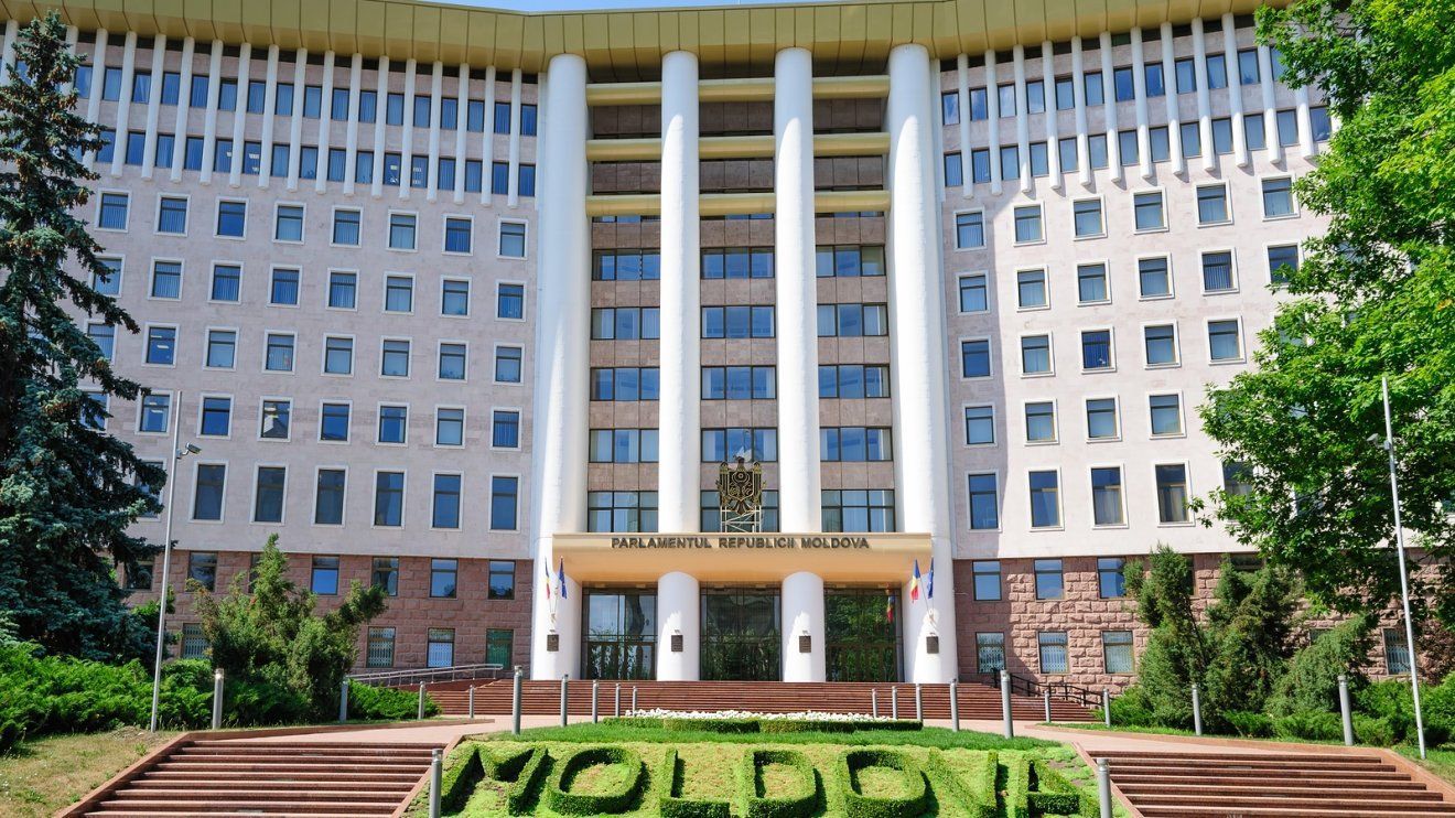 Parliament building in Chisinau, Moldova, with a prominent columned facade and 