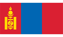 Flag of Mongolia: a vertical tricolor with red side panels and a blue central band. The left side features a gold Soyombo emblem.