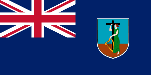 Flag of Montserrat: A blue field with the Union Jack in the upper hoist and a shield with a woman and cross on the fly.