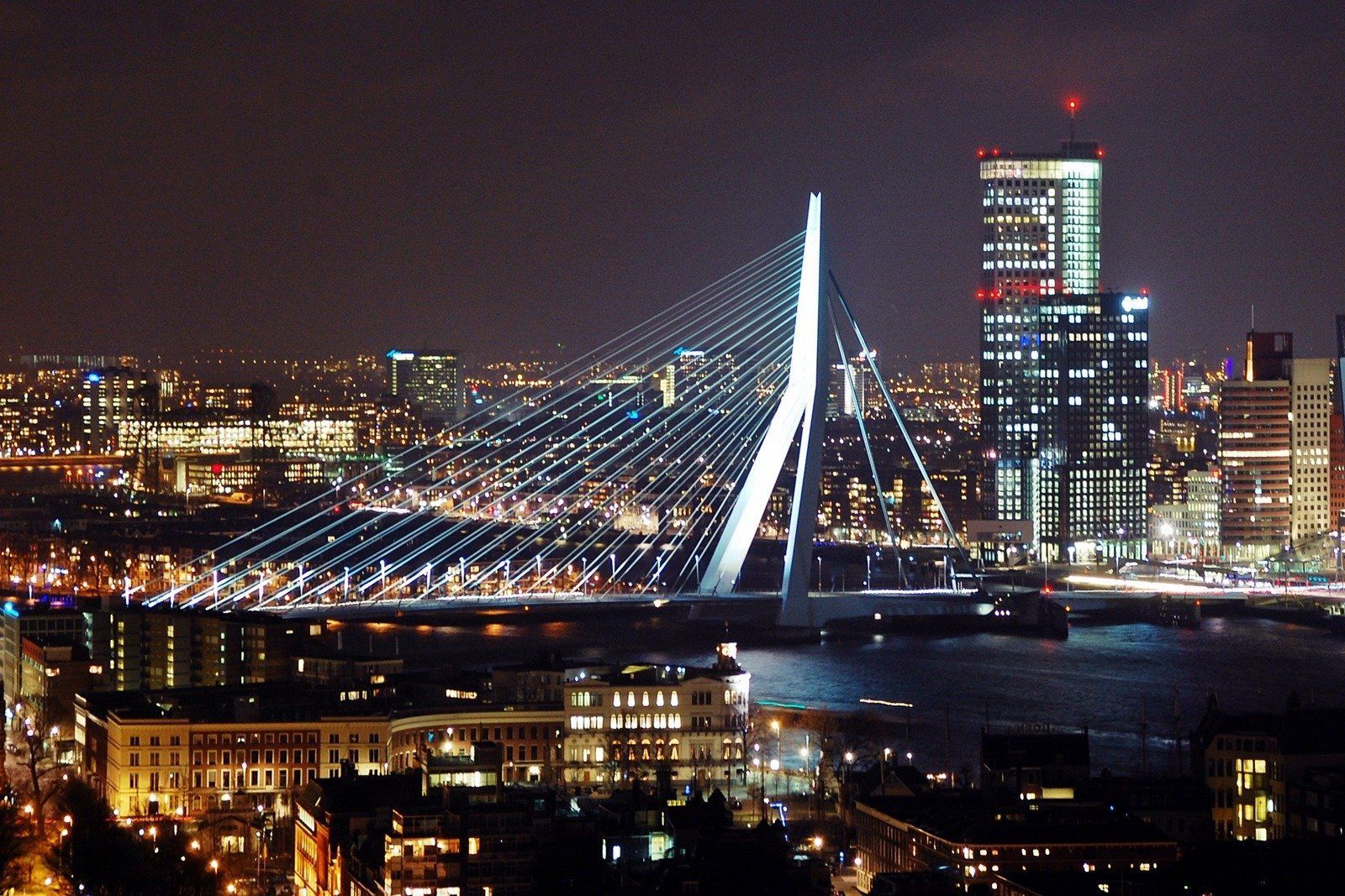 Night view of Erasmus Bridge in Rotterdam, Netherlands, illuminated with city lights, spanning a river with a high-rise building in the background.