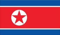 Flag of North Korea: red field with a white-ringed red star, framed by blue horizontal bands top and bottom.