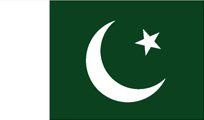 Flag of Pakistan: Dark green field with a white crescent moon and five-pointed star, and a white vertical stripe on the hoist.
