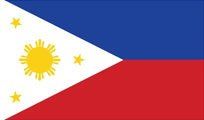 Philippine flag: a white triangle with a yellow sun and three stars, a blue field on top, and a red field below.