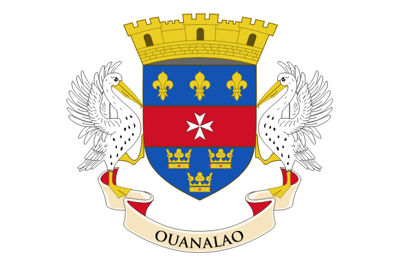 Coat of arms for Ouanalao: a blue shield with gold fleurs-de-lis, red bar with white Maltese cross, gold crowns, and flanked by white pelicans.
