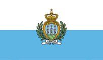 Flag of San Marino: horizontal blue and white bands with the coat of arms in the center, depicting three towers with a laurel branch.