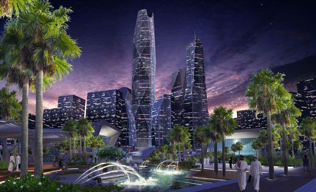 A nighttime cityscape with illuminated skyscrapers, palm trees, and a fountain in the foreground. Silhouetted figures stroll on a walkway.