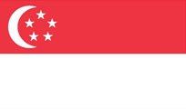 Flag of Singapore: Red field with a white crescent moon and five stars in the upper left corner, white stripe along the bottom.