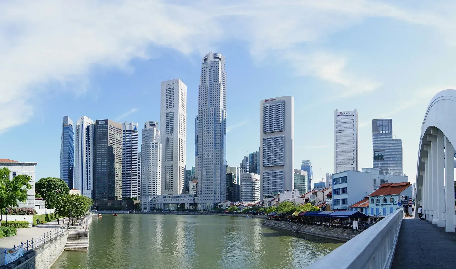 City skyline with modern skyscrapers along a river, viewed from a bridge on a sunny day.