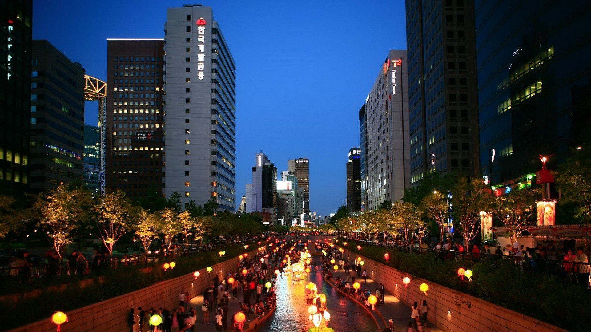 Night view of Cheonggyecheon stream in Seoul, South Korea, with illuminated lanterns and tall buildings lining the waterway.