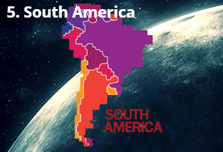 Map of South America in different colors against a cosmic background. The text 